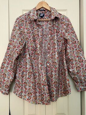 Lands' End Floral Button-Front Shirt in Red, Green & Gold